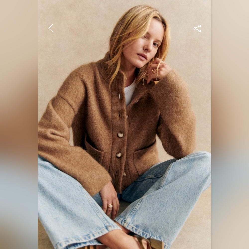 Sezane Plush Button-Front Teddy Jacket in Camel Brown